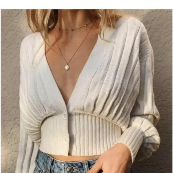 Wilfred Aritzia Thais Plunge Front Wool Blend Cardigan In Birch Size XS - Picture 5 of 16